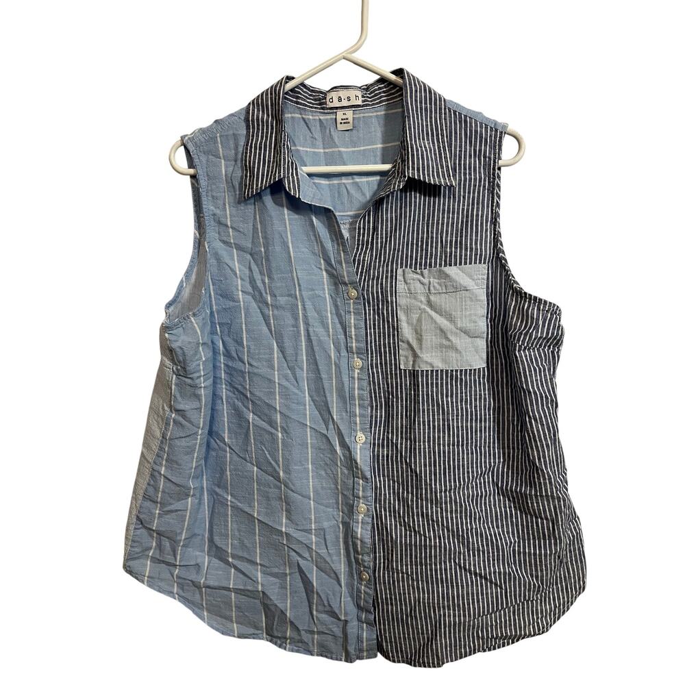 Dash Womens XL Sleeveless Button Up Shirt Vest Blue Striped Colorblock Cotton